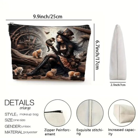 Gothic Style Cat & Steampunk Mechanical Design Steampunk Makeup / Cosmetic Bag - Picture 2 of 2